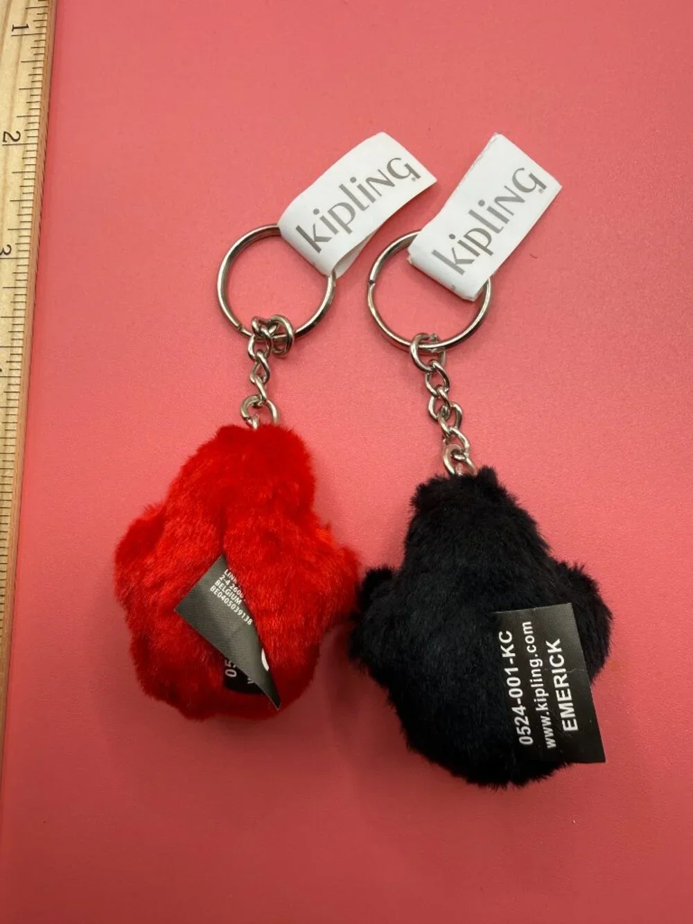 Lot 2 New Kipling Fuzzy Ape Monkey Keychains Key Rings Red Black